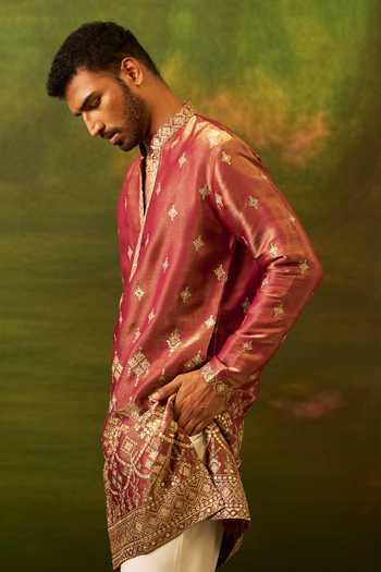 Shop_Arihant Rai Sinha_Wine Silk Dori Embroidered Kurta Set _Online_at_Aza_Fashions