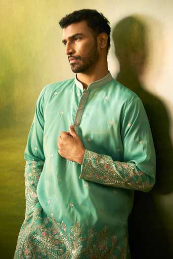 Shop Arihant Rai Sinha Green Silk Border Embroidered Kurta Set Online at Aza Fashions Shop_Arihant Rai Sinha_Green Silk Border Embroidered Kurta Set _Online_at_Aza_Fashions