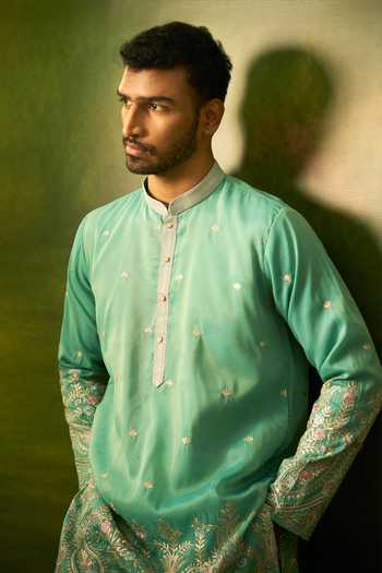 Shop Arihant Rai Sinha Green Silk Border Embroidered Kurta Set Shop_Arihant Rai Sinha_Green Silk Border Embroidered Kurta Set