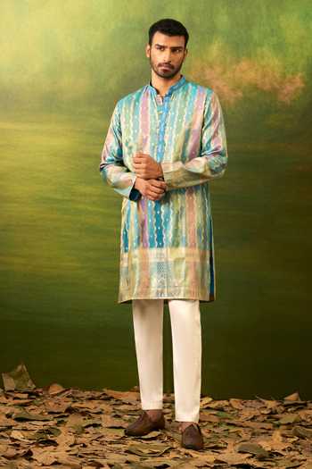 Shop_Arihant Rai Sinha_Multicolor , Jacquard, Art Banarasi Stripe Pattern Kurta Set _Online_at_Aza_Fashions
