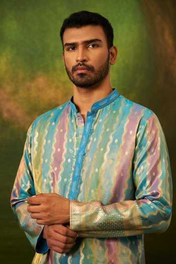 Arihant Rai Sinha_Multicolor , Jacquard, Art Banarasi Stripe Pattern Kurta Set _at_Aza_Fashions