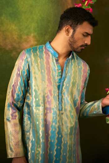 Shop_Arihant Rai Sinha_Multicolor , Jacquard, Art Banarasi Stripe Pattern Kurta Set 