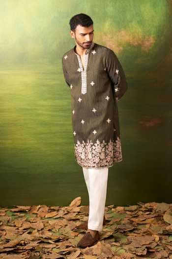 Shop_Arihant Rai Sinha_Green Silk Florette Woven Kurta Set _Online_at_Aza_Fashions