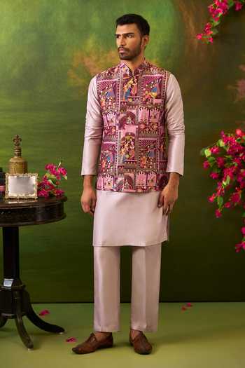 Shop Arihant Rai Sinha Pink Jacquard, Silk Woven Bundi And Kurta Set Shop_Arihant Rai Sinha_Pink Jacquard, Silk Woven Bundi And Kurta Set