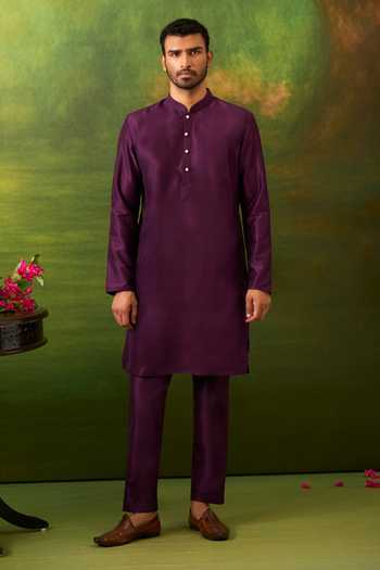 Buy_Arihant Rai Sinha_Purple Silk, Jacquard Woven Bundi And Kurta Set _Online_at_Aza_Fashions