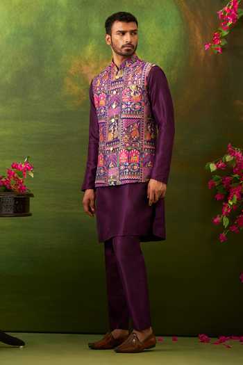 Shop_Arihant Rai Sinha_Purple Silk, Jacquard Woven Bundi And Kurta Set _Online_at_Aza_Fashions