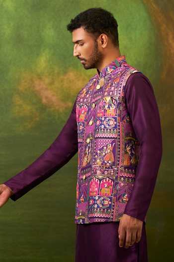 Arihant Rai Sinha_Purple Silk, Jacquard Woven Bundi And Kurta Set _at_Aza_Fashions