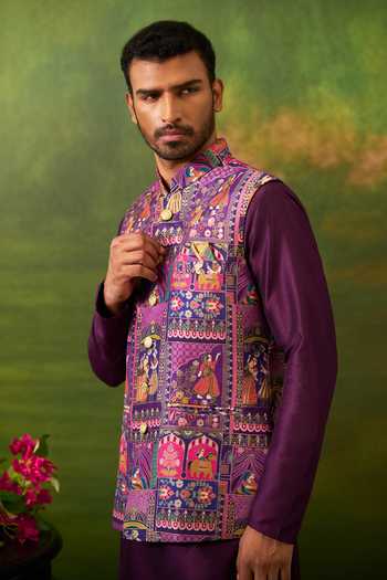 Buy_Arihant Rai Sinha_Purple Silk, Jacquard Woven Bundi And Kurta Set 