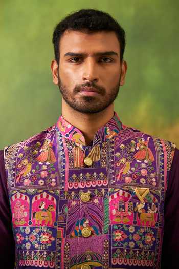 Shop_Arihant Rai Sinha_Purple Silk, Jacquard Woven Bundi And Kurta Set 
