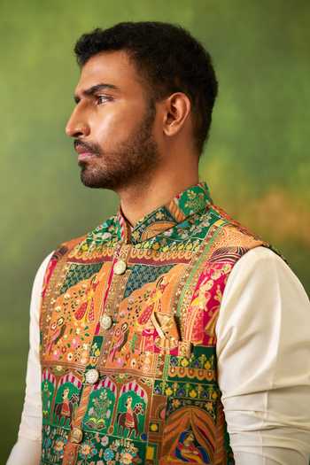 Buy Arihant Rai Sinha Off White Silk, Jacquard Floral Woven Bundi Set Buy_Arihant Rai Sinha_Off White Silk, Jacquard Floral Woven Bundi Set