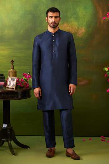 Buy_Arihant Rai Sinha_Blue Jacquard, Silk Abstract Woven Bundi And Kurta Set _Online_at_Aza_Fashions