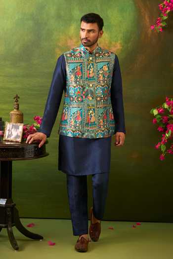 Shop_Arihant Rai Sinha_Blue Jacquard, Silk Abstract Woven Bundi And Kurta Set _Online_at_Aza_Fashions