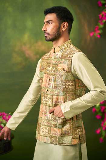 Buy Arihant Rai Sinha Green Jacquard, Silk Geometric Pattern Bundi And Kurta Set Online at Aza Fashions Buy_Arihant Rai Sinha_Green Jacquard, Silk Geometric Pattern Bundi And Kurta Set _Online_at_Aza_Fashions