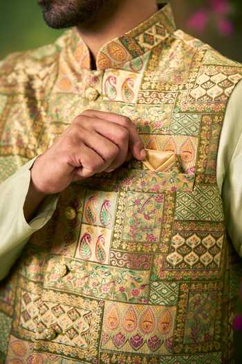 Shop Arihant Rai Sinha Green Jacquard, Silk Geometric Pattern Bundi And Kurta Set Online at Aza Fashions Shop_Arihant Rai Sinha_Green Jacquard, Silk Geometric Pattern Bundi And Kurta Set _Online_at_Aza_Fashions