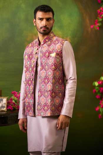 Shop_Arihant Rai Sinha_Pink Silk, Jacquard Mughal Woven Bundi And Kurta Set _Online_at_Aza_Fashions