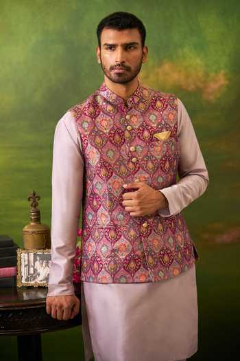 Buy_Arihant Rai Sinha_Pink Silk, Jacquard Mughal Woven Bundi And Kurta Set 