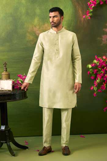 Buy_Arihant Rai Sinha_Green Jacquard, Silk Abstract Pattern Bundi And Kurta Set _Online_at_Aza_Fashions