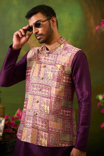 Shop Arihant Rai Sinha Purple Silk, Jacquard Paisley Woven Bundi And Kurta Set Online at Aza Fashions Shop_Arihant Rai Sinha_Purple Silk, Jacquard Paisley Woven Bundi And Kurta Set _Online_at_Aza_Fashions
