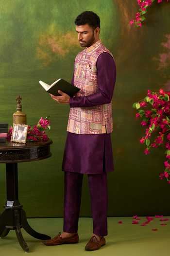 Arihant Rai Sinha Purple Silk, Jacquard Paisley Woven Bundi And Kurta Set at Aza Fashions Arihant Rai Sinha_Purple Silk, Jacquard Paisley Woven Bundi And Kurta Set _at_Aza_Fashions