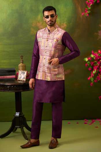 Buy Arihant Rai Sinha Purple Silk, Jacquard Paisley Woven Bundi And Kurta Set Buy_Arihant Rai Sinha_Purple Silk, Jacquard Paisley Woven Bundi And Kurta Set