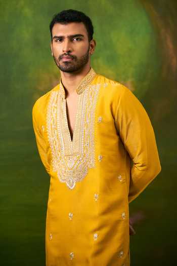 Buy Arihant Rai Sinha Yellow Silk Embroidered Kurta Set Online at Aza Fashions Buy_Arihant Rai Sinha_Yellow Silk Embroidered Kurta Set _Online_at_Aza_Fashions