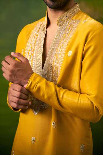 Shop Arihant Rai Sinha Yellow Silk Embroidered Kurta Set Online at Aza Fashions Shop_Arihant Rai Sinha_Yellow Silk Embroidered Kurta Set _Online_at_Aza_Fashions