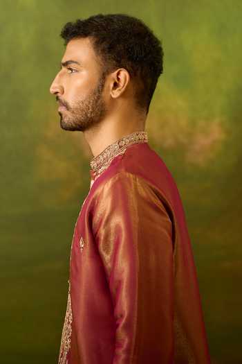 Buy Arihant Rai Sinha Maroon Silk Floral Yoke Embroidered Kurta Set Online at Aza Fashions Buy_Arihant Rai Sinha_Maroon Silk Floral Yoke Embroidered Kurta Set _Online_at_Aza_Fashions