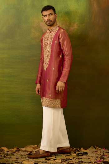 Shop Arihant Rai Sinha Maroon Silk Floral Yoke Embroidered Kurta Set Online at Aza Fashions Shop_Arihant Rai Sinha_Maroon Silk Floral Yoke Embroidered Kurta Set _Online_at_Aza_Fashions