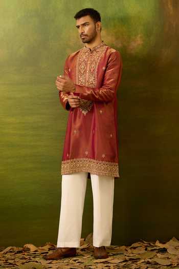 Arihant Rai Sinha Maroon Silk Floral Yoke Embroidered Kurta Set at Aza Fashions Arihant Rai Sinha_Maroon Silk Floral Yoke Embroidered Kurta Set _at_Aza_Fashions