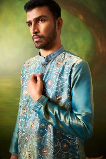 Shop Arihant Rai Sinha Blue Silk Thread Work Kurta Set Online at Aza Fashions Shop_Arihant Rai Sinha_Blue Silk Thread Work Kurta Set _Online_at_Aza_Fashions