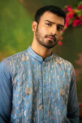 Buy Arihant Rai Sinha Sky Blue Silk Floral Stripe Embroidered Kurta Set Buy_Arihant Rai Sinha_Sky Blue Silk Floral Stripe Embroidered Kurta Set