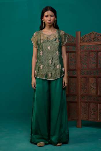 Neitri Green Silk, Georgette, Satin, Tissue, Brocade Nitya Embroidered Top And Pant Set Online at Aza Fashions Neitri_Green Silk, Georgette, Satin, Tissue, Brocade Nitya Embroidered Top And Pant Set _Online_at_Aza_Fashions