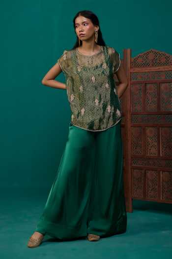 Neitri Green Silk, Georgette, Satin, Tissue, Brocade Nitya Embroidered Top And Pant Set at Aza Fashions Neitri_Green Silk, Georgette, Satin, Tissue, Brocade Nitya Embroidered Top And Pant Set _at_Aza_Fashions