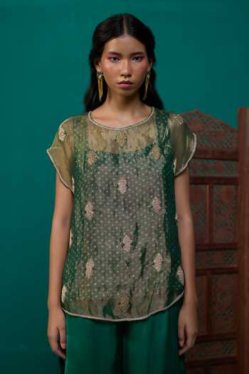 Buy Neitri Green Silk, Georgette, Satin, Tissue, Brocade Nitya Embroidered Top And Pant Set Buy_Neitri_Green Silk, Georgette, Satin, Tissue, Brocade Nitya Embroidered Top And Pant Set