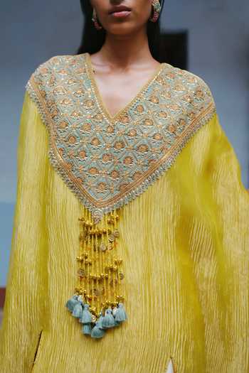 Buy_Alam By Tulsi Patel_Yellow Silk, Tissue V-neck, Yes Nandani Yoke Embroidered Kurta And Pant Set _Online_at_Aza_Fashions