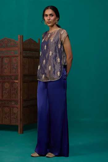 Neitri Blue Silk, Georgette, Satin, Tissue, Brocade, Nalini Embroidered Top And Pant Set Online at Aza Fashions Neitri_Blue Silk, Georgette, Satin, Tissue, Brocade, Nalini Embroidered Top And Pant Set _Online_at_Aza_Fashions