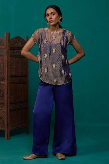 Shop Neitri Blue Silk, Georgette, Satin, Tissue, Brocade, Nalini Embroidered Top And Pant Set Online at Aza Fashions Shop_Neitri_Blue Silk, Georgette, Satin, Tissue, Brocade, Nalini Embroidered Top And Pant Set _Online_at_Aza_Fashions