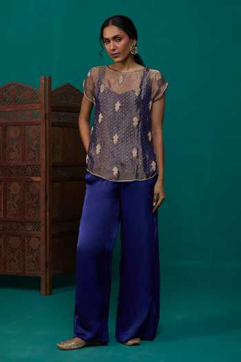 Buy Neitri Blue Silk, Georgette, Satin, Tissue, Brocade, Nalini Embroidered Top And Pant Set Buy_Neitri_Blue Silk, Georgette, Satin, Tissue, Brocade, Nalini Embroidered Top And Pant Set