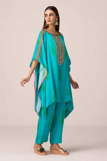 Shyam Narayan Prasad Blue Satin, Modal Round Neck Zardozi Embroidered Kaftan And Pant Set Online at Aza Fashions Shyam Narayan Prasad_Blue Satin, Modal Round Neck Zardozi Embroidered Kaftan And Pant Set _Online_at_Aza_Fashions