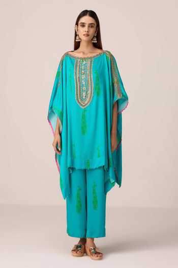 Buy Shyam Narayan Prasad Blue Satin, Modal Round Neck Zardozi Embroidered Kaftan And Pant Set Online at Aza Fashions Buy_Shyam Narayan Prasad_Blue Satin, Modal Round Neck Zardozi Embroidered Kaftan And Pant Set _Online_at_Aza_Fashions