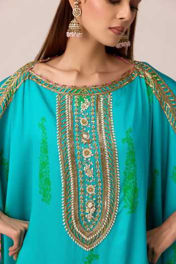Shop Shyam Narayan Prasad Blue Satin, Modal Round Neck Zardozi Embroidered Kaftan And Pant Set Online at Aza Fashions Shop_Shyam Narayan Prasad_Blue Satin, Modal Round Neck Zardozi Embroidered Kaftan And Pant Set _Online_at_Aza_Fashions