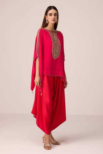 Shyam Narayan Prasad Pink Crepe, Satin, Modal Boat Neck Zardozi Embroidered Kaftan And Draped Pant Set Online at Aza Fashions Shyam Narayan Prasad_Pink Crepe, Satin, Modal Boat Neck Zardozi Embroidered Kaftan And Draped Pant Set _Online_at_Aza_Fashions
