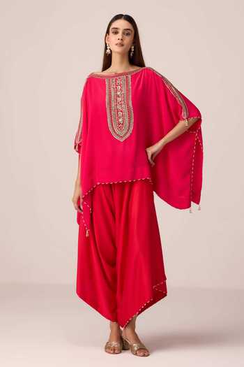 Shop Shyam Narayan Prasad Pink Crepe, Satin, Modal Boat Neck Zardozi Embroidered Kaftan And Draped Pant Set Online at Aza Fashions Shop_Shyam Narayan Prasad_Pink Crepe, Satin, Modal Boat Neck Zardozi Embroidered Kaftan And Draped Pant Set _Online_at_Aza_Fashions