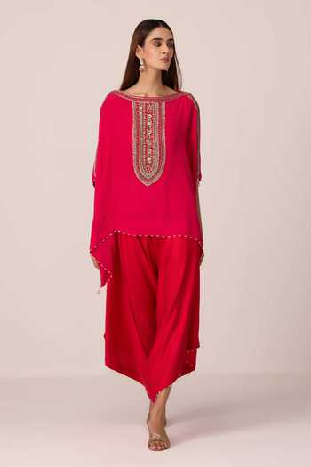 Shyam Narayan Prasad Pink Crepe, Satin, Modal Boat Neck Zardozi Embroidered Kaftan And Draped Pant Set at Aza Fashions Shyam Narayan Prasad_Pink Crepe, Satin, Modal Boat Neck Zardozi Embroidered Kaftan And Draped Pant Set _at_Aza_Fashions