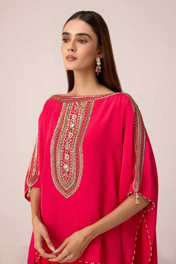 Shop Shyam Narayan Prasad Pink Crepe, Satin, Modal Boat Neck Zardozi Embroidered Kaftan And Draped Pant Set Shop_Shyam Narayan Prasad_Pink Crepe, Satin, Modal Boat Neck Zardozi Embroidered Kaftan And Draped Pant Set