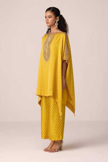 Shyam Narayan Prasad_Yellow Satin, Modal Boat Neck Bandhani Print Kaftan And Pant Set _Online_at_Aza_Fashions