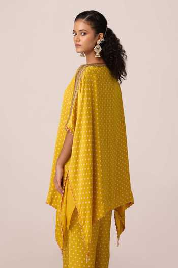 Buy_Shyam Narayan Prasad_Yellow Satin, Modal Boat Neck Bandhani Print Kaftan And Pant Set _Online_at_Aza_Fashions