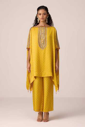 Shop_Shyam Narayan Prasad_Yellow Satin, Modal Boat Neck Bandhani Print Kaftan And Pant Set _Online_at_Aza_Fashions