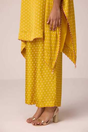 Shyam Narayan Prasad_Yellow Satin, Modal Boat Neck Bandhani Print Kaftan And Pant Set _at_Aza_Fashions