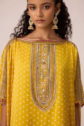 Shop_Shyam Narayan Prasad_Yellow Satin, Modal Boat Neck Bandhani Print Kaftan And Pant Set 